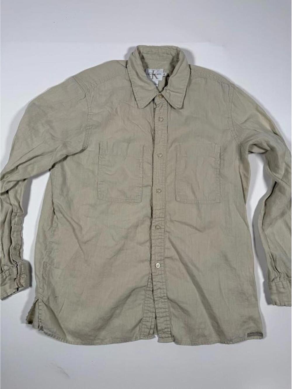 Calvin Klein Jeans Men's Beige Linen Button-Up Shirt Medium